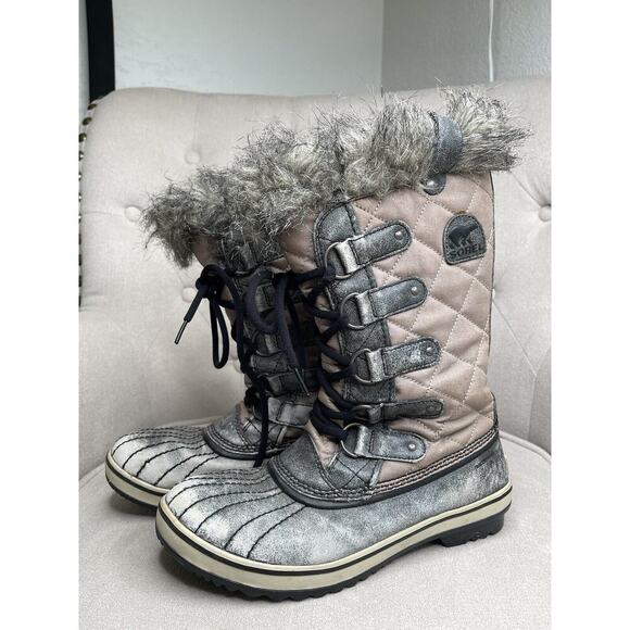 Sorel Tofino SNOW Boots Distressed Metallic Faux Fur Lace Up Size Women’s 8 - Picture 1 of 6